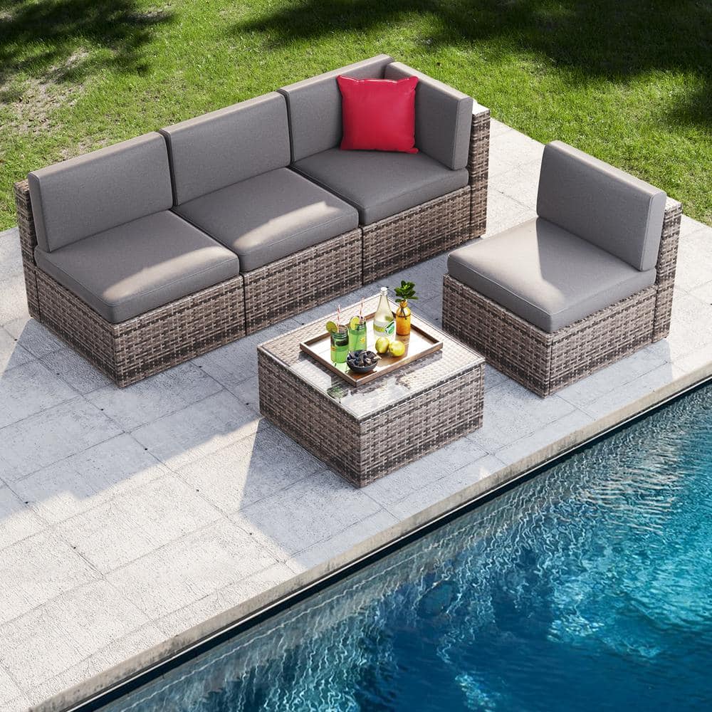 Gray 5-Piece PE Rattan Wicker Outdoor Sectional Set with Glass Table