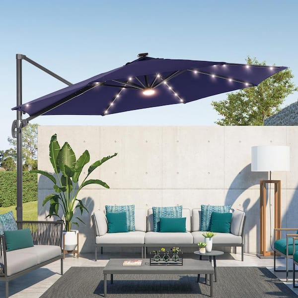 Sonkuki Navy Blue Premium 11FT LED Cantilever Patio Umbrella - Outdoor Comfort with 360° Rotation and Canopy Angle Adjustment