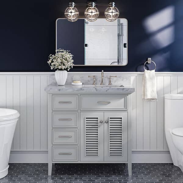 ARIEL Kensington 37 in. W x 22 in. D x 36 in. H Bath Vanity in Grey with Carrara White Marble Top