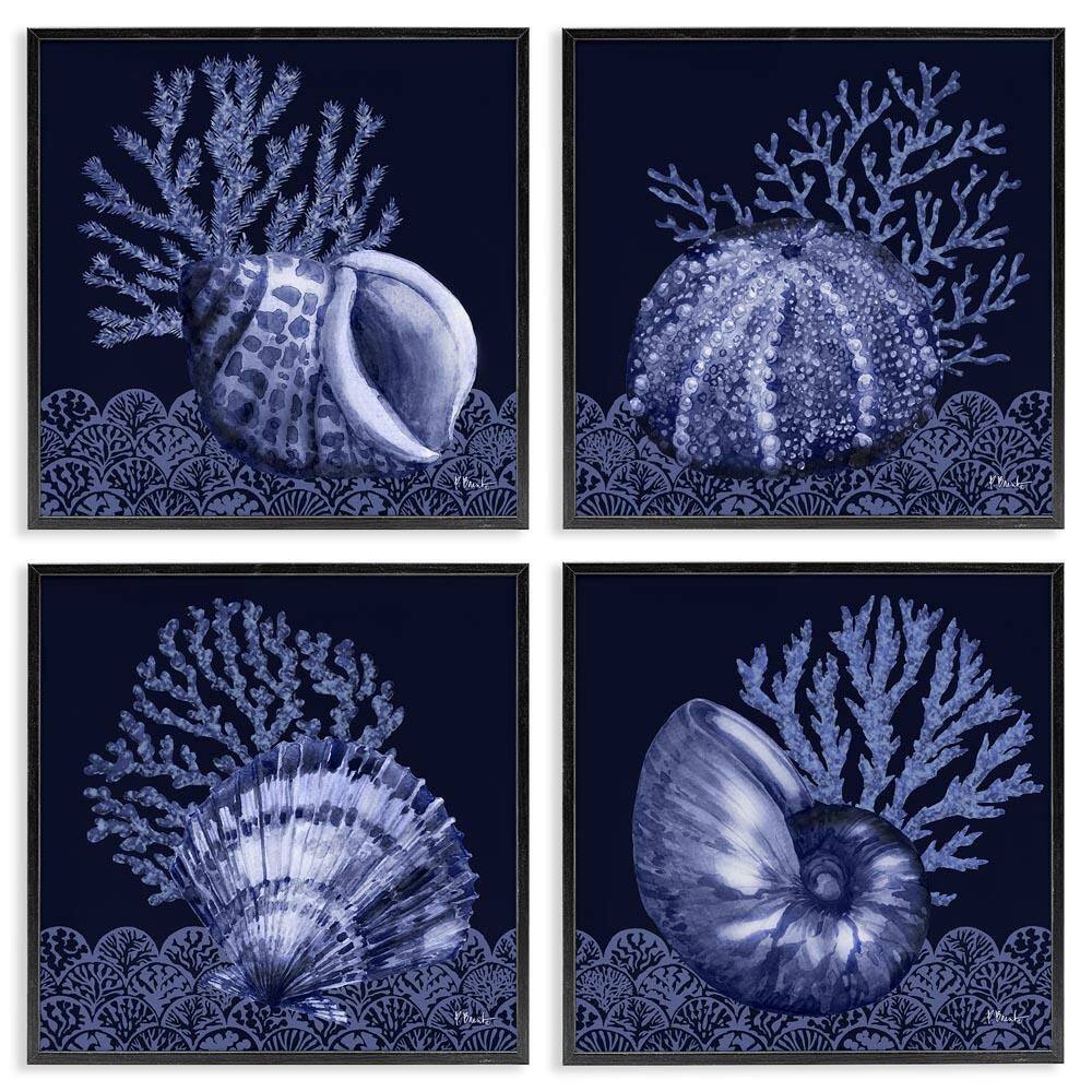 Indigo Nautical Seashells by Paul Brent 4-Pieces Black Framed Coastal Giclee Art Print 12 in. x 12 in. price history on PriceWatchPro