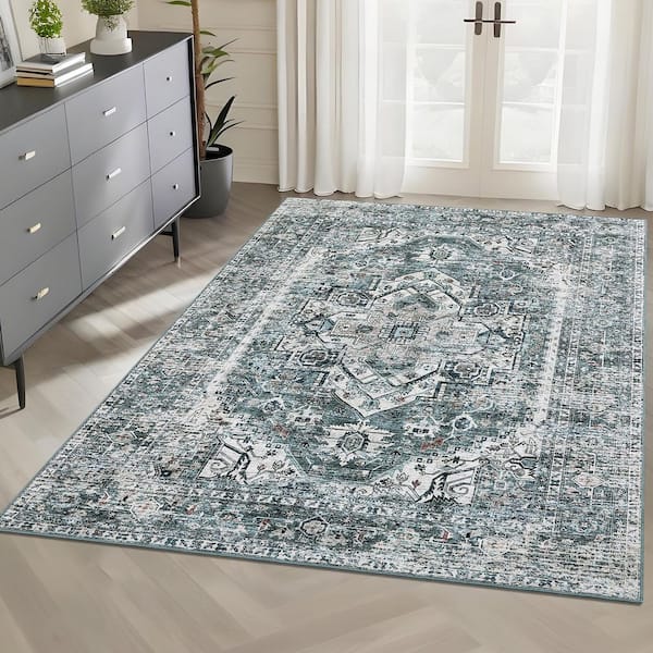 Vintage Printed Carpet Soft Thin Rug Interior Decoration for Bedroom Living Room Kitchen Blue Green，9x12ft