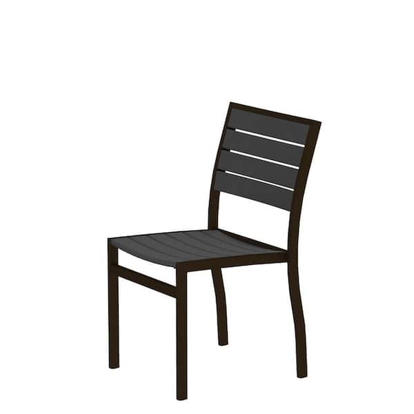 POLYWOOD Euro Textured Bronze Plastic Outdoor Patio Dining Side Chair with Slate Grey Slats