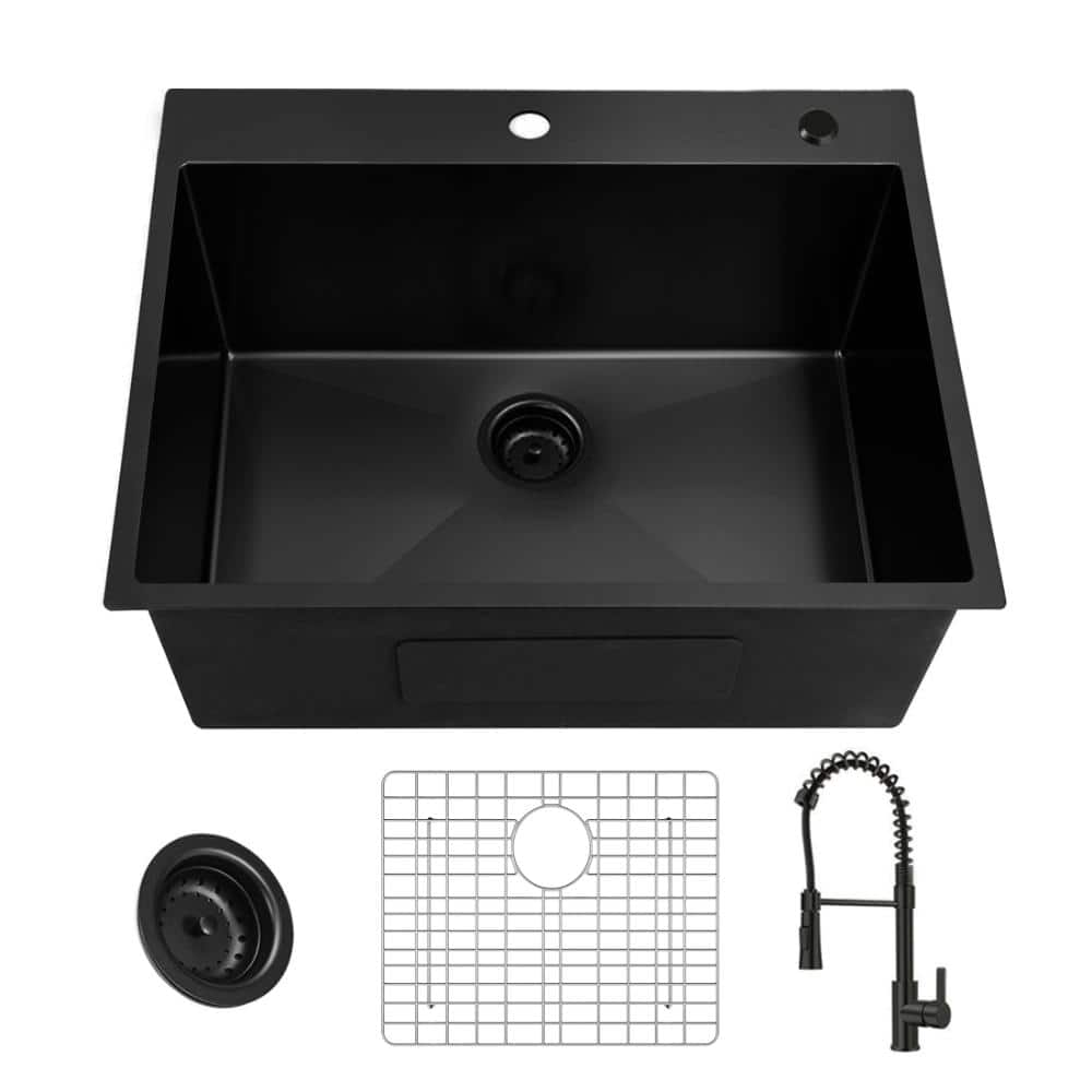 25 in. Drop-In Single Bowl 18 Gauge Black Stainless Steel Kitchen Sink with Bottom Grids and Pull Out Spring Neck Faucet