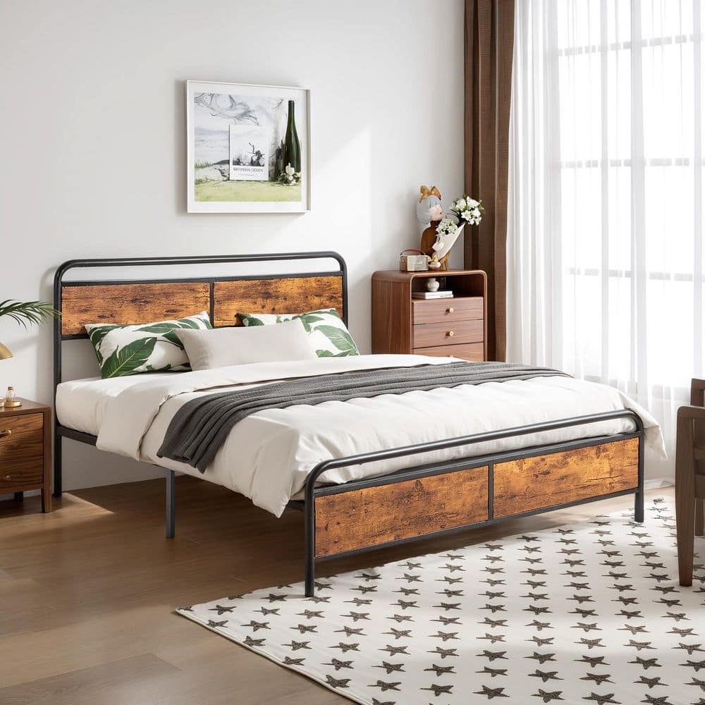 Metal Bed Frame Black Metal Frame Full Platform Bed with Wood Headboard and Storage, No Box Spring Needed