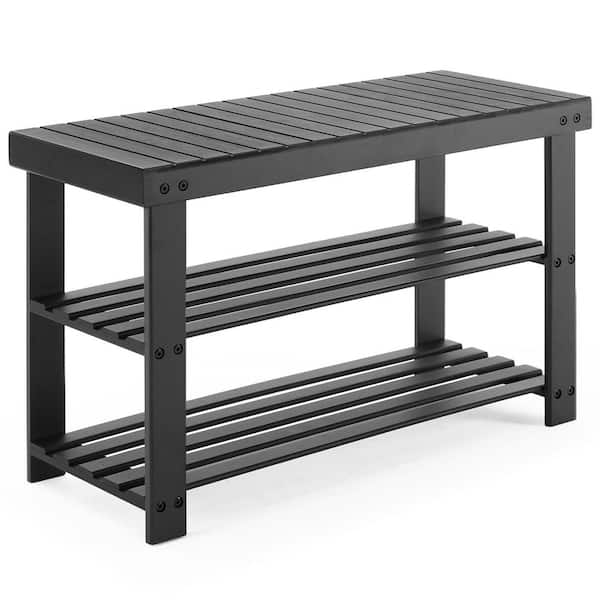 3-Tier Bamboo Compact Storage Organizer, Shoe Rack Bench, 286 lbs. Capacity for Entryway Bedroom Living Room-Black