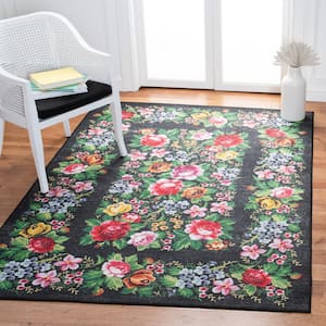 Journey Charcoal/Green 5 ft. x 8 ft. Machine Washable Floral Border Area Rug