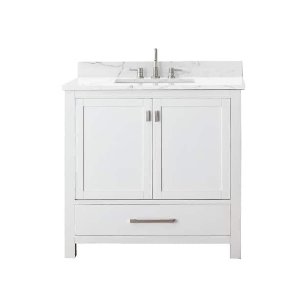 Modero 37 in. Single Sink White Bath Vanity with Cala White Engineered Stone Top