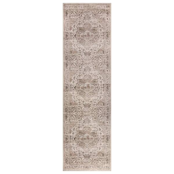 Vintage Medallion Ivory Cream Machine Washable Non-Slip PVC Backing Area Rug 2' x 10' Cream