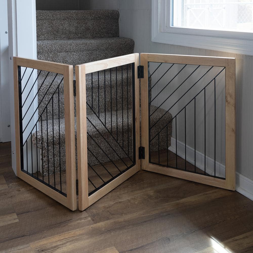 Natural Wood and Black Metal 3-Panel Freestanding Pet Gate