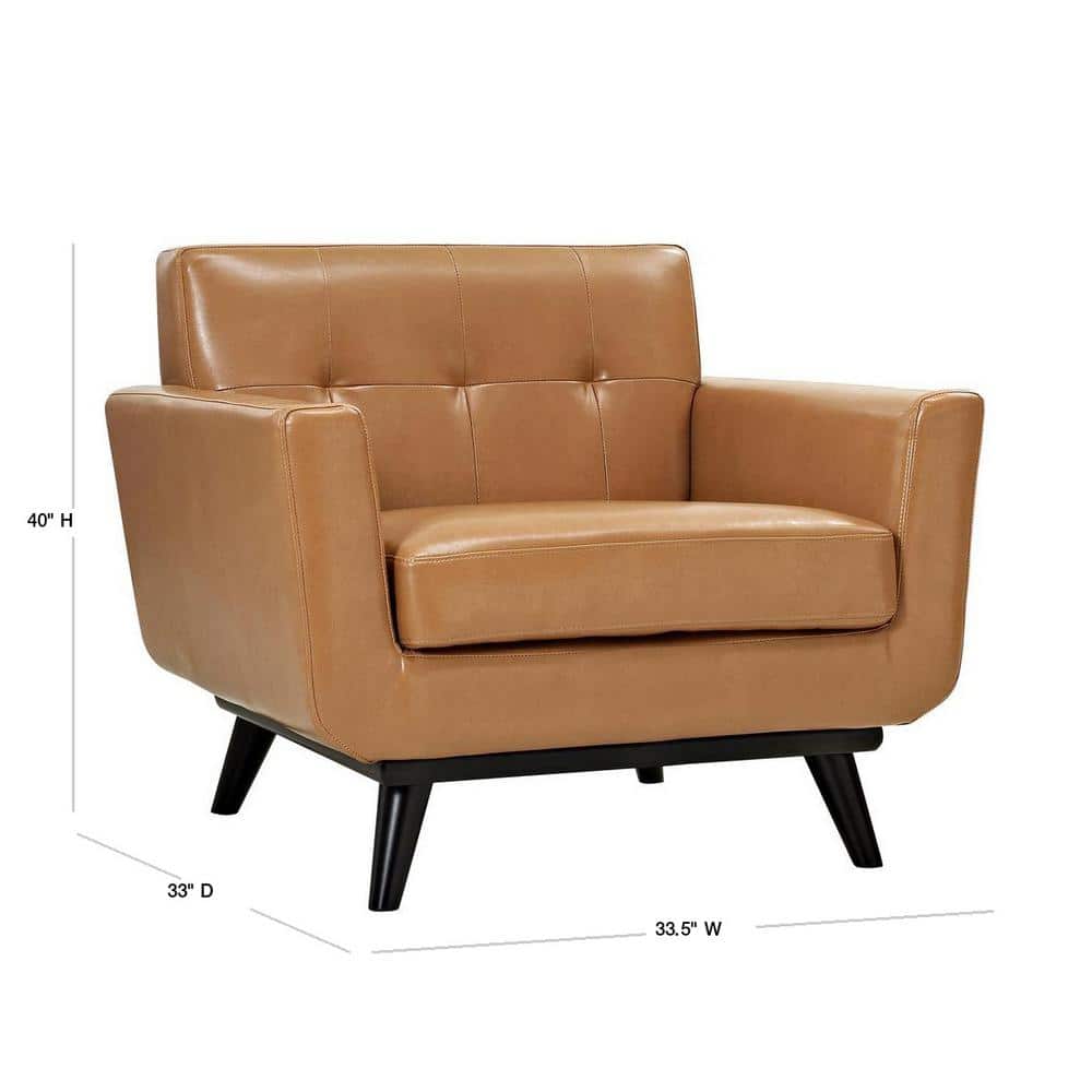 Mid-Century Tan Leather Accent Chair with Rubberwood Legs