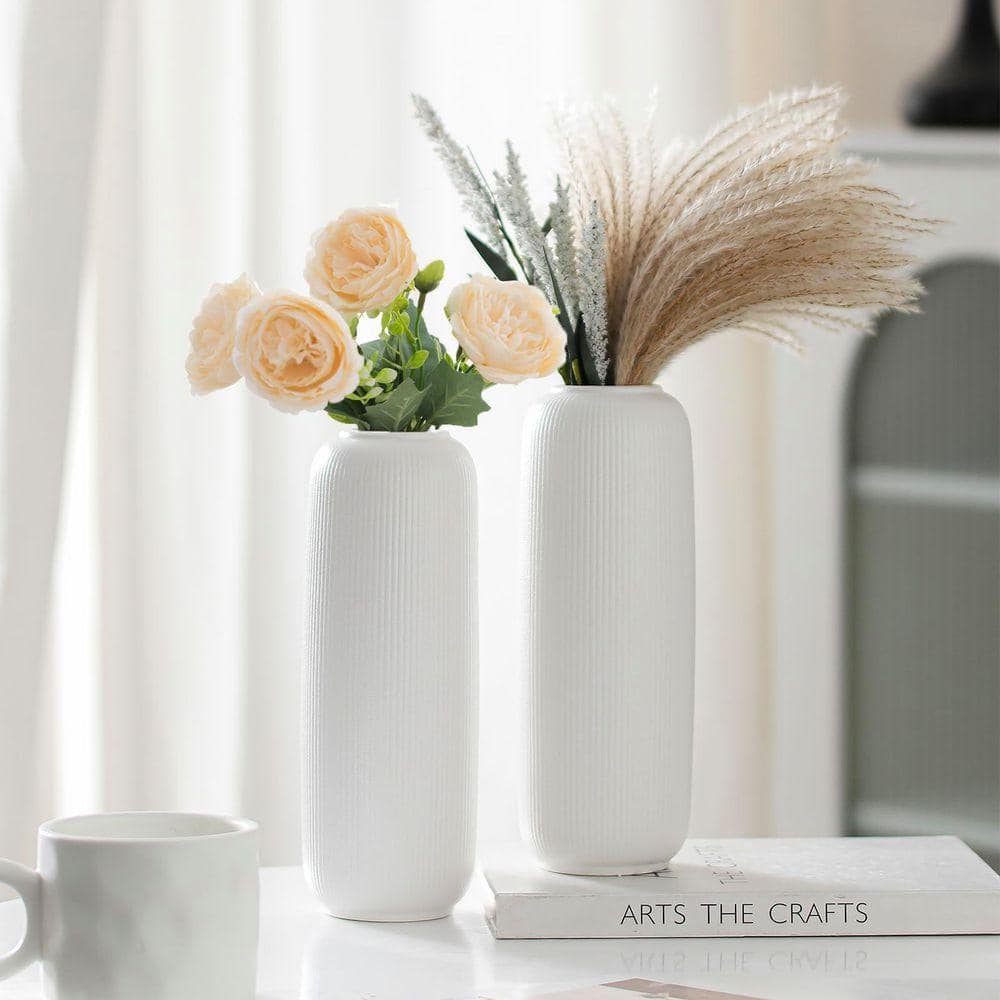 White Ceramic Vases Set of 2 for Flowers, Modern Small Ribbed