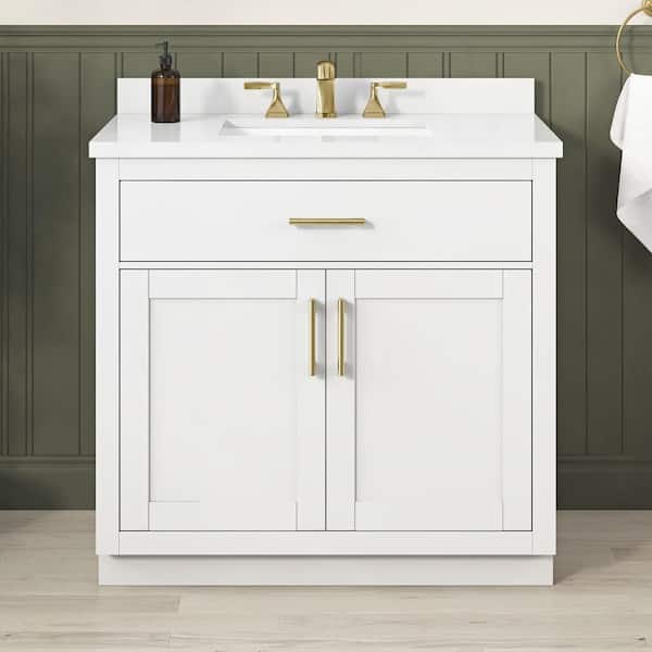 Bailey 36 in. Freestanding White Bath Vanity with White Quartz Top and Brushed Gold Hardware