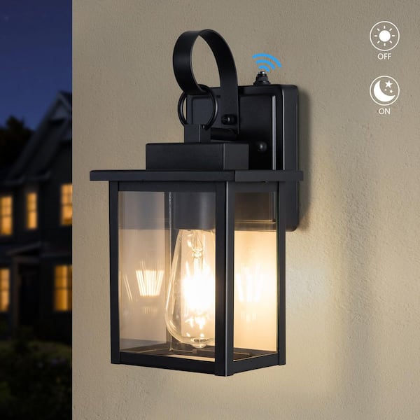 Hawaii 12 in. H 1-Bulb Black Hardwired Outdoor Wall Lantern Sconce with Dusk to Dawn With LED Bulb