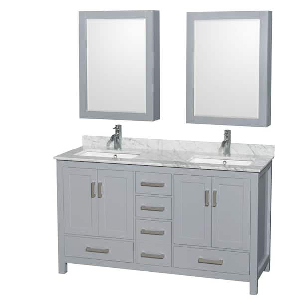 Wyndham Collection Sheffield 60 in. W x 22 in. D x 35 in. H Double Bath Vanity in Gray with White Carrara Marble Top and MC Mirrors