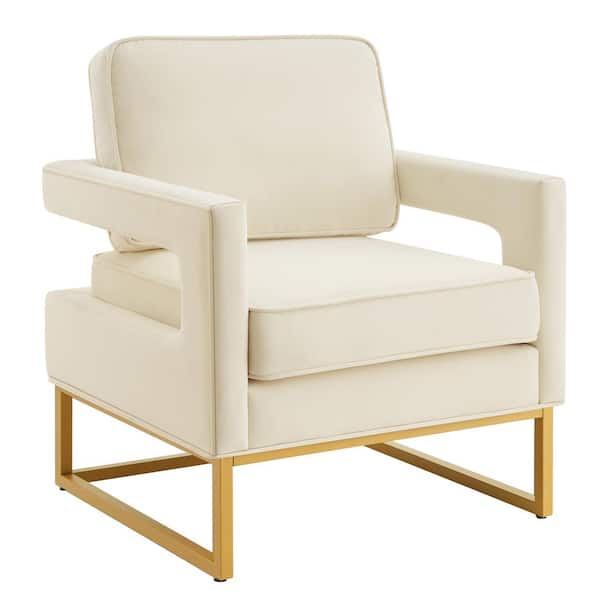 Cream Elegant Velvet Accent Arm Chair Modern Upholstered Single Sofa Chair Open Back Reading Chair with Gold Metal Legs