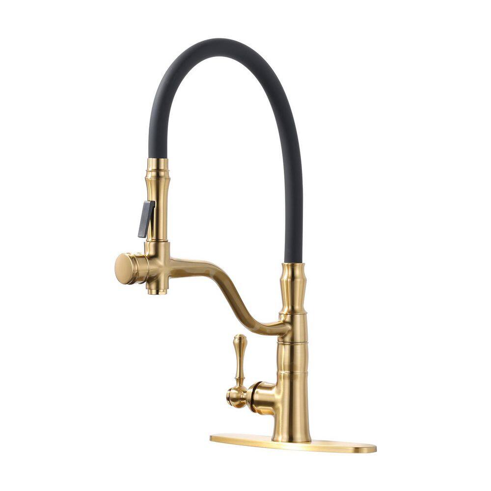 Modern High-Arc Single Handle Pull Down Sprayer Kitchen Faucet with Pre-installed Hose and Deckplate in Brushed Gold