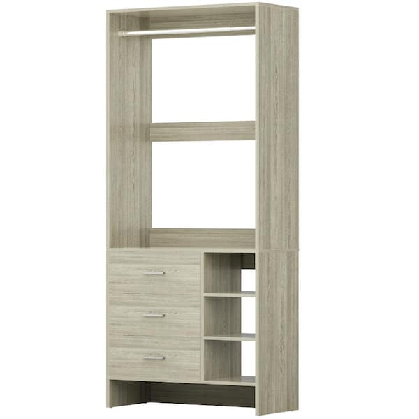 Aheaplus 2.5FT Wood Closet Organizer System with 3 Drawers and Hanging Rods, Walk-in or Small Closet System, White Oak
