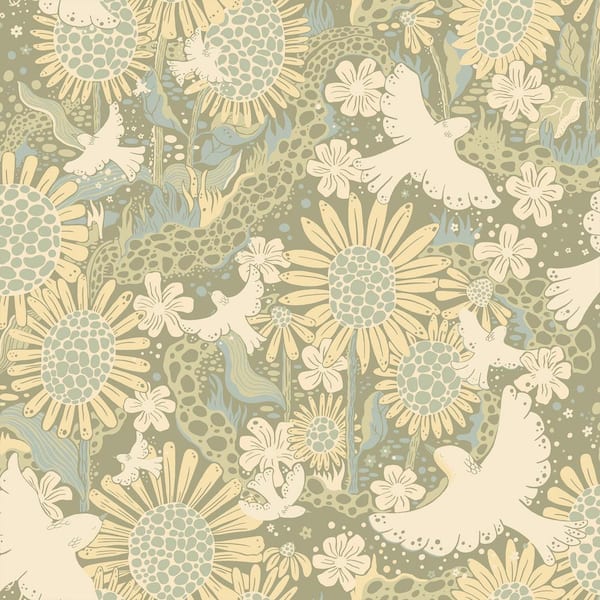 A-Street Prints Green Drömma Sage Songbirds and Sunflowers Paper Non-Pasted Non-Woven Matte Wallpaper