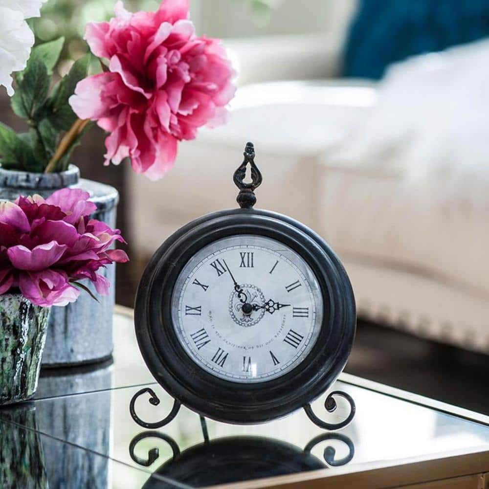 Antique Black Metal and Glass Round Table Clock