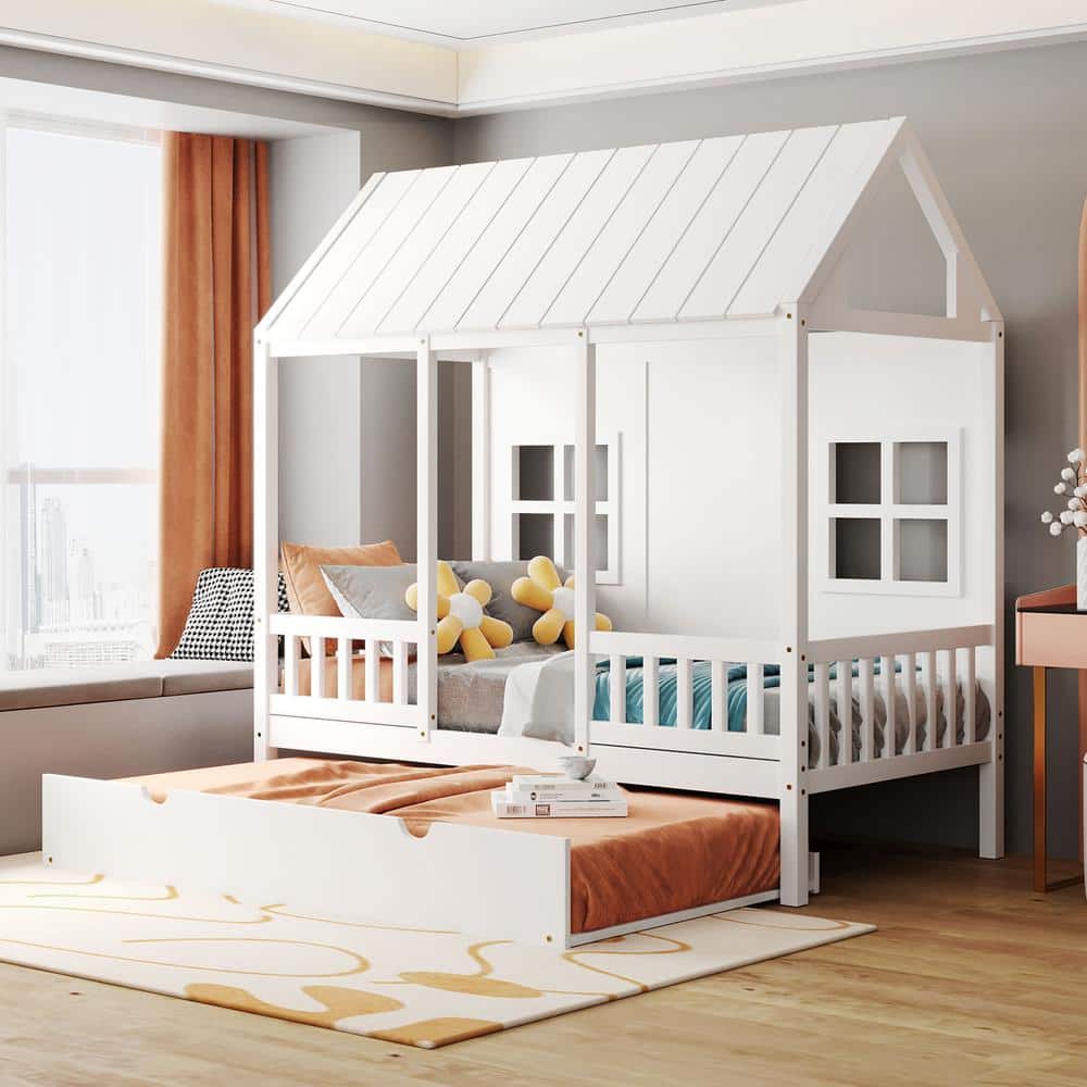 Reviews for Harper & Bright Designs White Twin Size Wood House Bed with