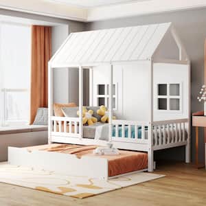 White Twin Size Wood House Bed with Twin Size Trundle, Guardrails, Roof, and Windows