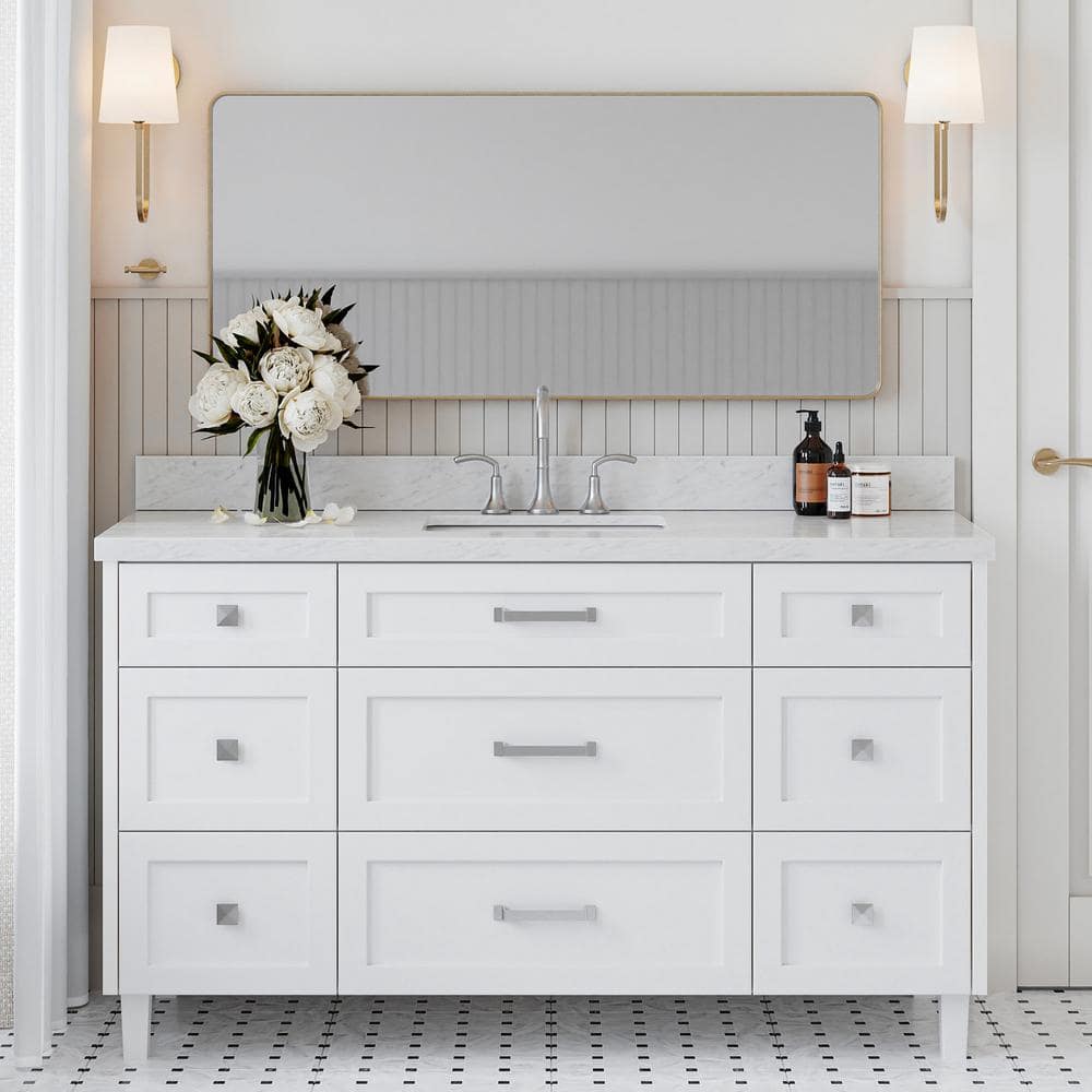 White Freestanding Single Sink Bathroom Vanity with Marble Top