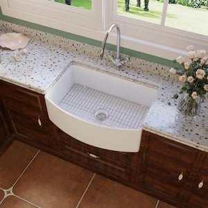 Fireclay 30 in. Single Bowl Farmhouse Apron Front Curved Kitchen Sink with Sink Grid and Basket Strainer