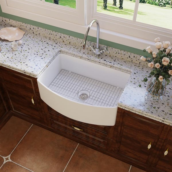 DEERVALLEY Fireclay 30 in. Single Bowl Farmhouse Apron Front Curved Kitchen Sink with Sink Grid and Basket Strainer