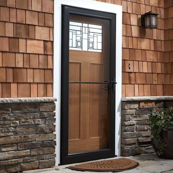 3000 Series 36 in. x 80 in. Sandtone Right-Hand Retractable Aluminum Storm Door with Brass Hardware