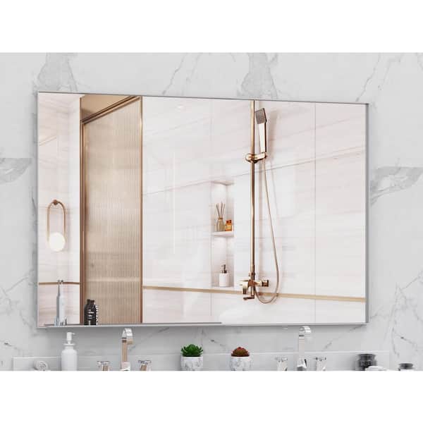 ANGELES HOME 60 in. x 40 in. Silver Frame Rectangle Oversize Wall Bathroom Vanity Mirror Easy Hang Decorative Mirror