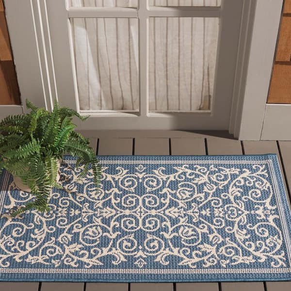 Courtyard Blue/Natural Doormat 2 ft. x 4 ft. Border Indoor/Outdoor Patio Area Rug