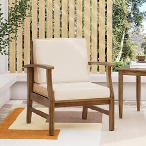 Brown Acacia Wood Outdoor Lounge Chair with Cream White Cushion, Slat Panel Design Frame and Water-Resistant Cushion