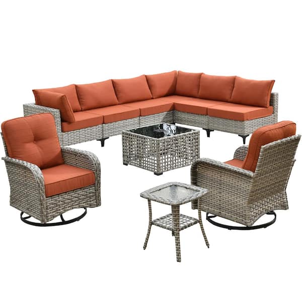 Aquarius 10-Piece Wicker Patio Conversation Seating Sofa Set with Orange Red Cushions and Swivel Rocking Chairs