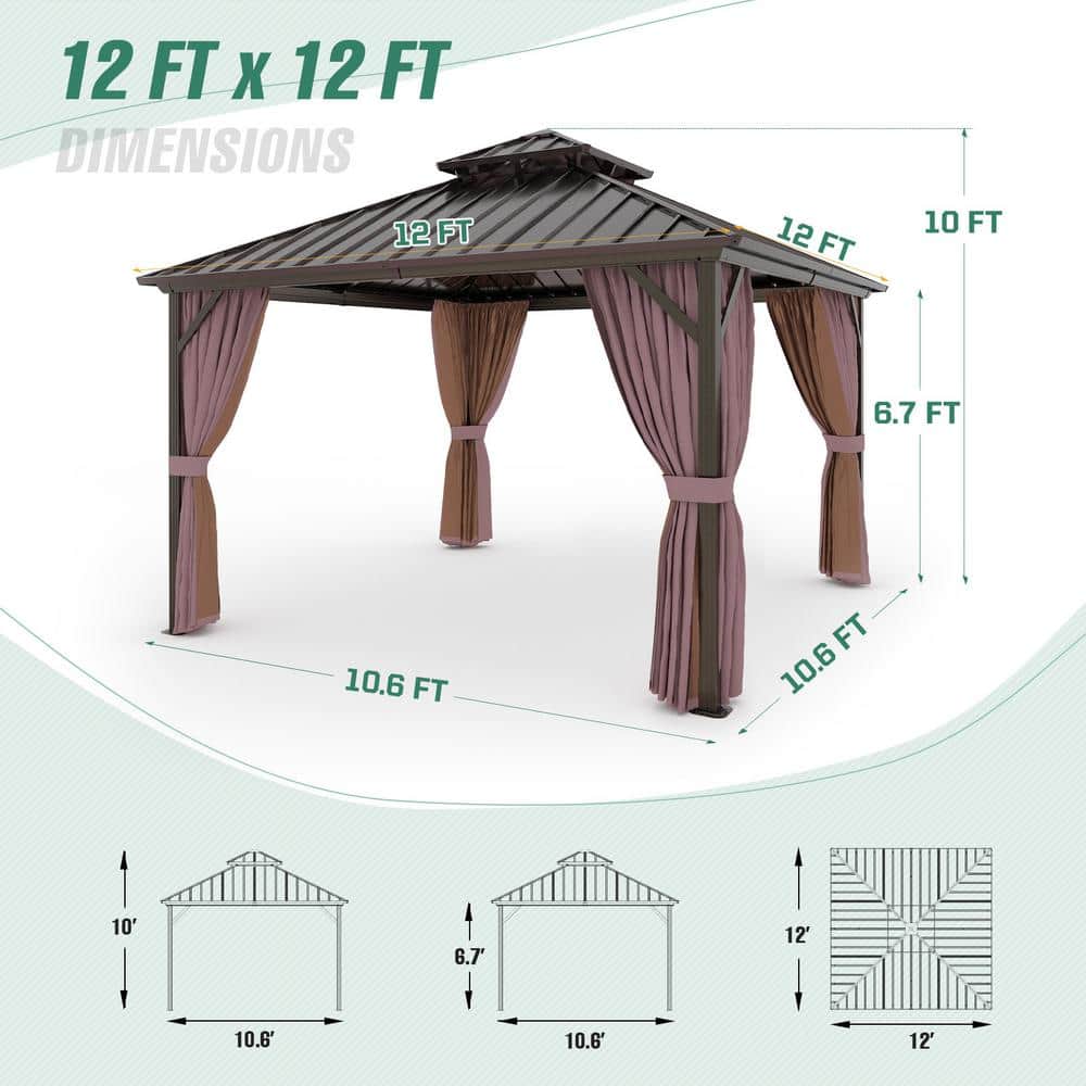 12 ft x 12 ft Brown Metal Patio Gazebo with Curtains