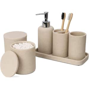 Beige 6-Piece Bathroom Accessory Set with Toothbrush Holder, Soap Dispenser, Q-Tip Holders, Vanity Tray, and Tumbler