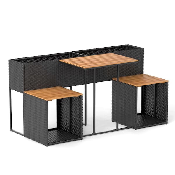 1-Piece Wicker Patio Conversation Set with Raised Garden Bed Built-in Chairs and Storage Space