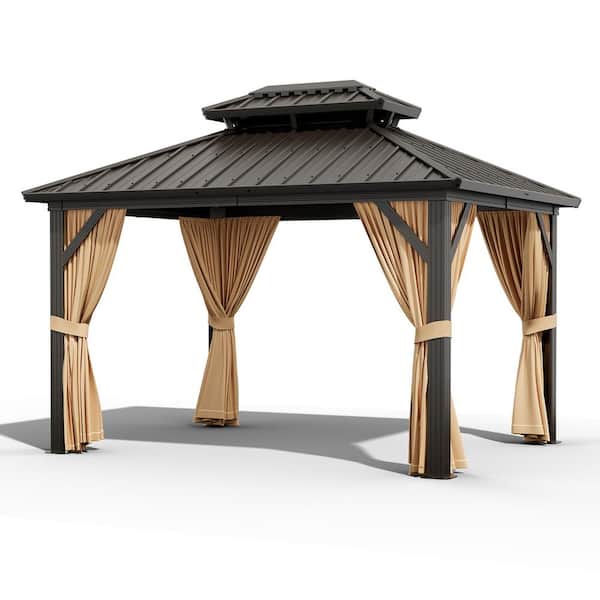 12 ft. x 10 ft. Double Roof Hardtop Gazebo for Patio with Galvanized Steel Roof, Brown Curtains and Netting