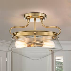 Elsie 13.78 in. 2-Light Gold Semi Flush Mount with Clear Glass Shade