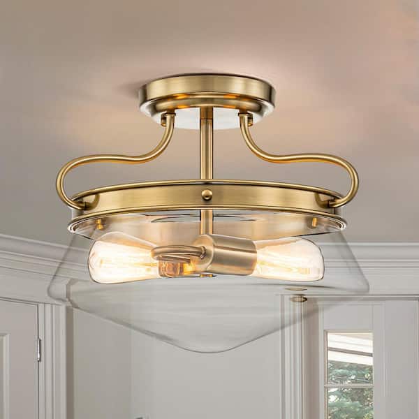 EDISLIVE Elsie 13.78 in. 2-Light Gold Semi Flush Mount with Clear Glass Shade