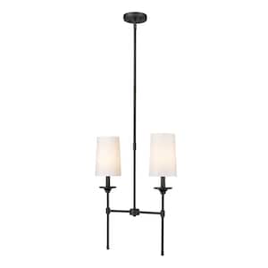 Emily 5.5 in. 2-Light Matte Black Island Billiard Light with Off White Cloth Cover Shade