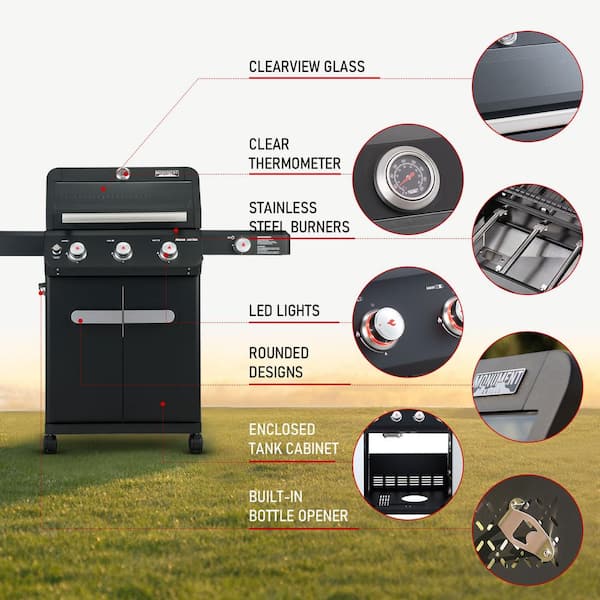 Mesa 3-Burner Propane Gas Grill in Black with Clear View Lid and LED Controls