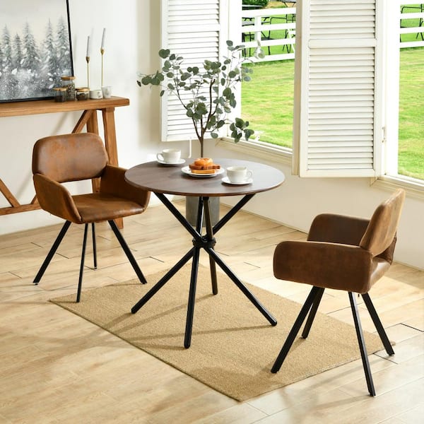 Homy Casa CATY 3-Piece Modern Dining Set - Walnut Wood Round Table with Black Legs and 2-Coffee Fabric Swivel Dining Armchairs