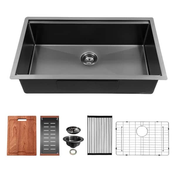 Logmey Gunmetal Black 16-Gauge Stainless Steel 32 in. Single Bowl Undermount Workstation Kitchen Sink with Bottom Grid