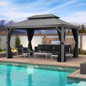 10 ft. x 14 ft.Light Gray Aluminum Hardtop Gazebo Canopy for Patio Deck Backyard with Netting, Hooks, Upgrade Curtain