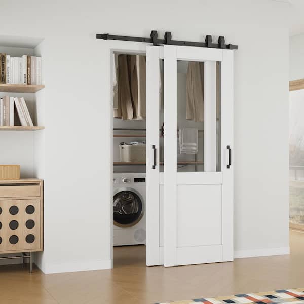 ARK DESIGN 48 in. x 80 in. (Double 28 in. ) 1/2 Lite Clear Glass White Primed MDF Sliding Barn Door with Hardware Kit Bypass