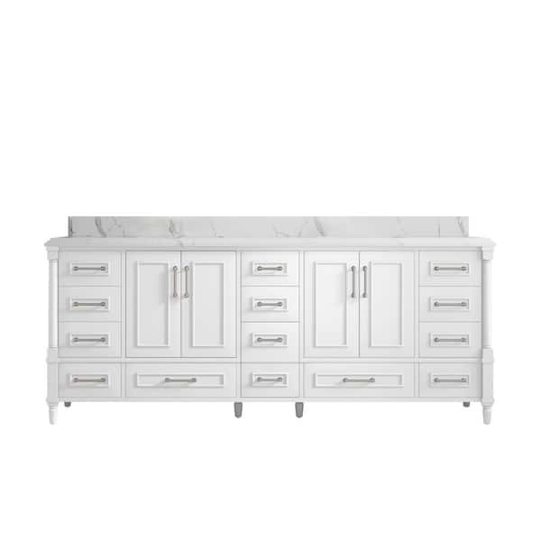 Willow Collections Hudson 84 in. W x 22 in. D x 36 in. H Double Sink Bath Vanity in White with Cove Edge Calacatta Quartz Top