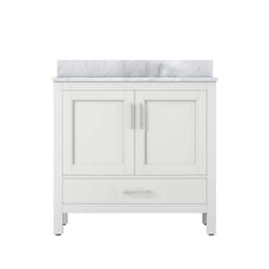 35.2 in. W x 21.65 in. D x 38.58 in. H Freestanding Bath Vanity in White with Carrara White Marble Top with White Basin