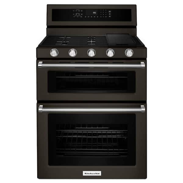 KitchenAid 6.0 cu. ft. Double Oven Gas Range with Self-Cleaning Convection Oven in PrintShield Black Stainless