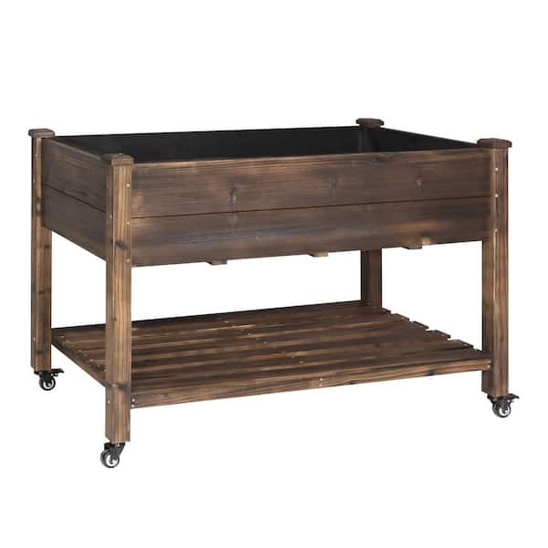 48 in. L x 24 in. W x 33 in. H Cedar Wood Raised Garden Bed with 4 Swivel Wheels and Liner, Carbonized Color
