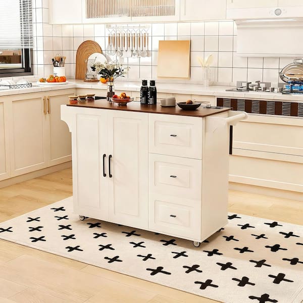 White Rolling Drop Leaf Wood Tabletop 54 in. Kitchen Island with Wheels